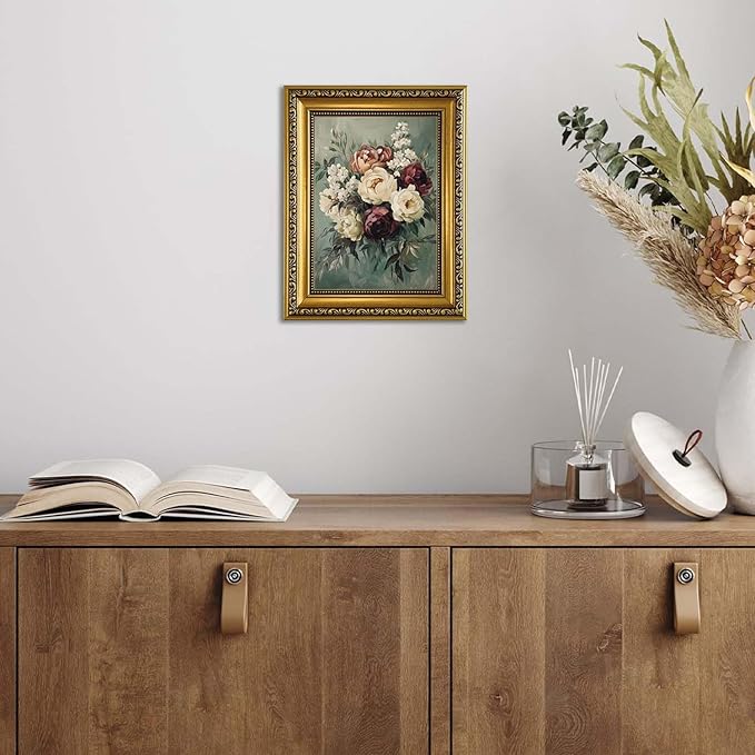 YD&YZY Gold Framed Vintage Wall Art Canvas Still Life Sage Green Flower Farmhouse Print Moody Floral Wall Decor Rustic Cottagecor Painting Picture Print for Dining Room Bedroom 8x10 inch Small Framed