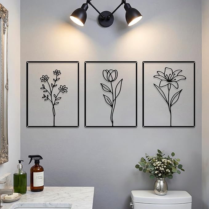 Otoolling 3 Pieces Metal Minimalist Line Kitchen Signs Wall Decor Drawing Rustic Bathroom Wall Art for Dining Living Room Bathroom Home, 14 x 11 Inches (Flower,Black)