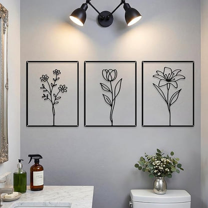 Otoolling 3 Pieces Metal Minimalist Line Kitchen Signs Wall Decor Drawing Rustic Bathroom Wall Art for Dining Living Room Bathroom Home, 14 x 11 Inches (Flower,Black)