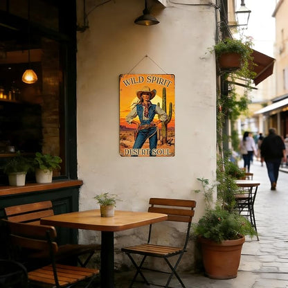 Cowgirl Vintage Metal Sign Wild Spirit Desert Soul Sign Retro Metal Plaque for Home Bar Garage Coffee Shop Wall Decoration 12x8 Inch