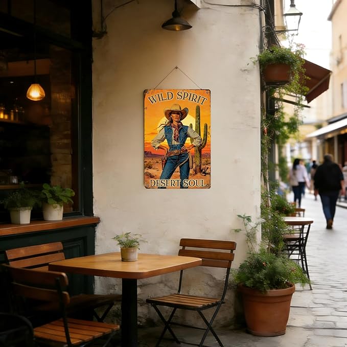 Cowgirl Vintage Metal Sign Wild Spirit Desert Soul Sign Retro Metal Plaque for Home Bar Garage Coffee Shop Wall Decoration 16x12 Inch