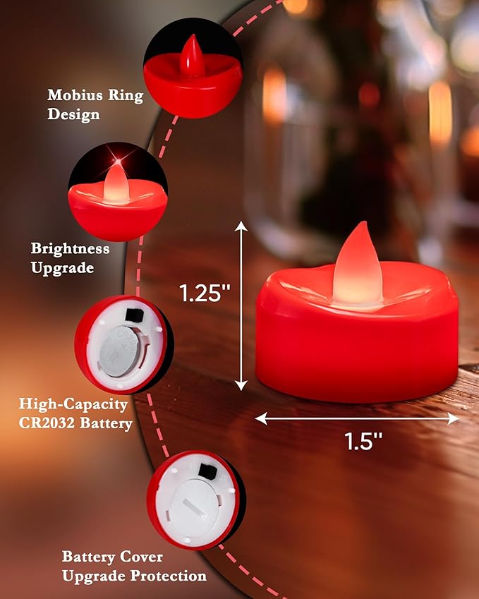 merrynights Flameless Candles, 12 Pack Tea Lights Candle Battery Operated, Flameless Tealight Votives, Realistic Tea Lights for Halloween Christmas Party Decor -D 1.5” x H 1.25”-Red Light