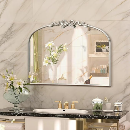 Besdomus Antique Arch Large Mirror: 32"x24" Champagne Silver Bow Antique Wall Mounted Mirror - Baroque Traditional Ornate for Living Room/Fireplace/Bathroom- Home Decor for Homemakers