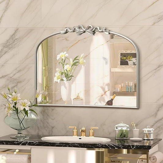 Besdomus Antique Arch Large Mirror: 32"x24" Champagne Silver Bow Antique Wall Mounted Mirror - Baroque Traditional Ornate for Living Room/Fireplace/Bathroom- Home Decor for Homemakers