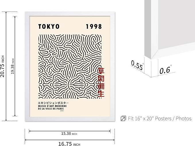 Poster Master Vintage Poster - Retro Pop Art Print - Gift for Artist, Friend - Nets, Tokyo, Black, Modern, Abstract Line - Wall Decor for Living Room, Office, 16x20 White Framed