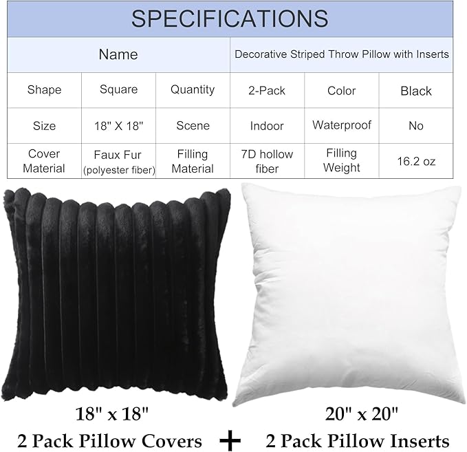 Decorative Throw Pillow with Inserts, Set of 2 Soft Faux Fur Throw Pillows, Square Boho Striped Pillow for Couch, Bed, Sofa Decor(Black, 18" x 18")