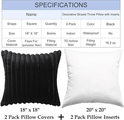 Decorative Throw Pillow with Inserts, Set of 2 Soft Faux Fur Throw Pillows, Square Boho Striped Pillow for Couch, Bed, Sofa Decor(Black, 18" x 18")