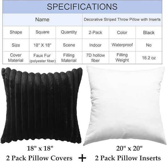 Decorative Throw Pillow with Inserts, Set of 2 Soft Faux Fur Throw Pillows, Square Boho Striped Pillow for Couch, Bed, Sofa Decor(Black, 18" x 18")