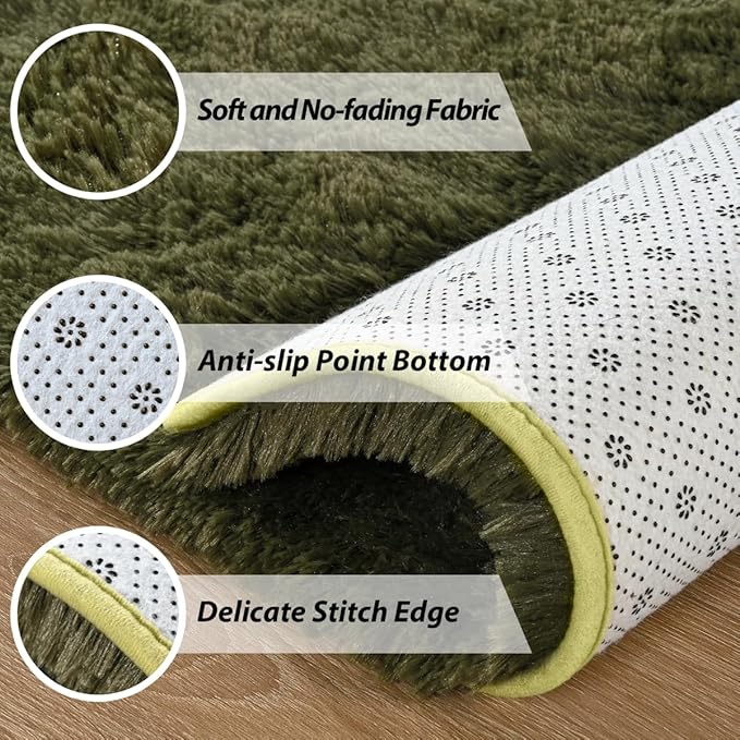 Andecor Shag Area Rug for Living Room, 6x9 Feet Olive Green Soft Fluffy Indoor Plush Throw Rugs for Bedroom Girls Kids Room Nursery Dorm Home Decor Carpet