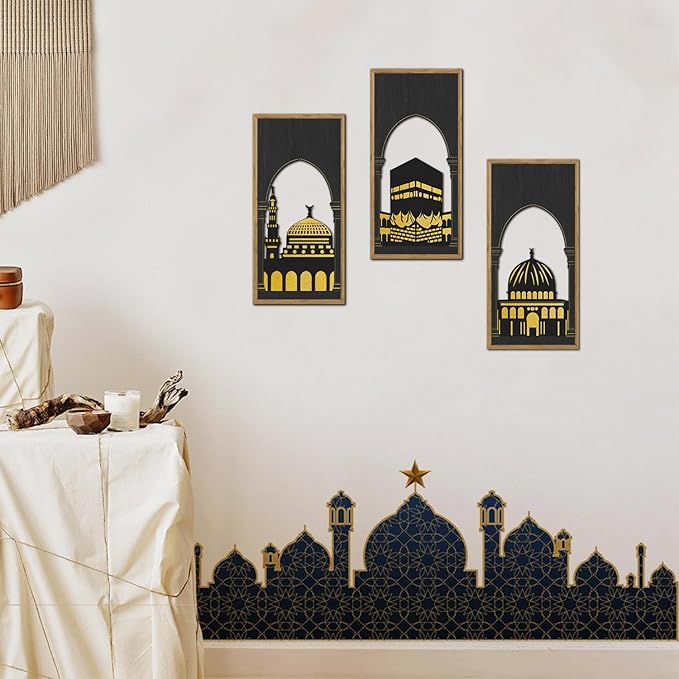 KAIRNE Eid al-Fitr Wooden Wall Art,3pcs 8”X16” Islamic Festival Decorations,Muslim Home Hanging Decor,Framed Mosque Wall Sculptures,Eid Ramadan Kareem Decoration,Rustic Religious Artwork Gift for Friend Family Living Room Bedroom Decor