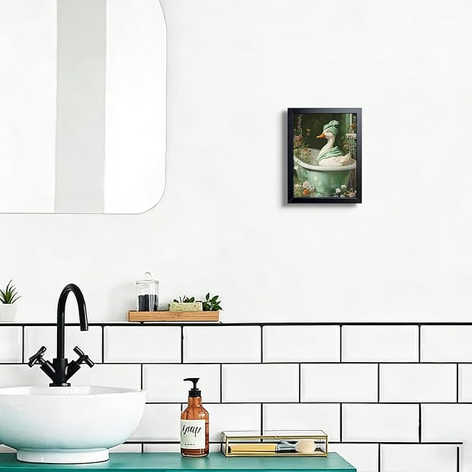 Funny Duck Bathroom Wall Art, Framed Canvas Print, Cute Duck in Bathtub Painting with Floral Water Scene, Whimsical Animal Art Oil Painting for Bathroom Restroom Home Wall Decor 8x10 Inch