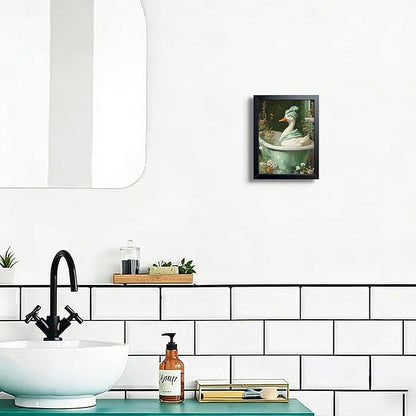 Funny Duck Bathroom Wall Art, Framed Canvas Print, Cute Duck in Bathtub Painting with Floral Water Scene, Whimsical Animal Art Oil Painting for Bathroom Restroom Home Wall Decor 8x10 Inch