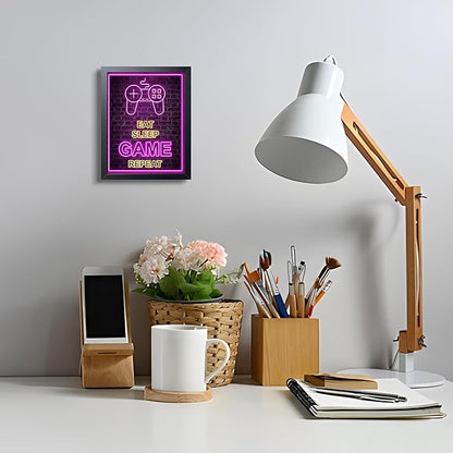 Framed Game Wall Art, Boys Game Room Wall Decor Painting, Purple Neon Gaming Controller Canvas Print Poster for Kids Room Teen Bedroom Game Room 8x10 Inch