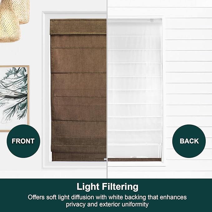 CHICOLOGY Cordless Roman Shade, Light Filtering Privacy Liner, Textured Belgian Chocolate Fabric, True-to-Size 27" W x 64" H, Inside/Outside/Ceiling Mount Window Treatment for Living Room Bedroom
