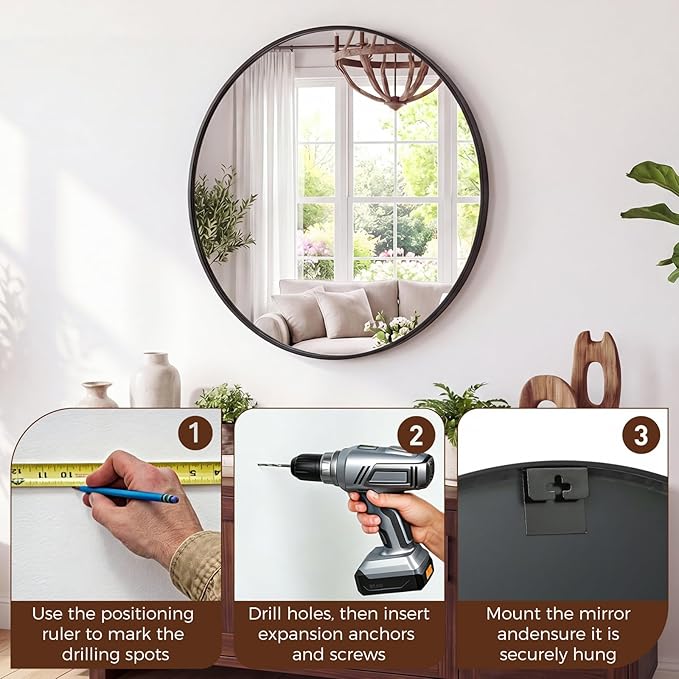 NEWBULIG 24 Inch Round Wall Mirror, Bathroom Mirror for Over Sink, Matte Metal Framed Circle Vanity Mirror, Wall Decor for Bedroom, Anti-Rust, Tempered Glass, Hanging or Leaning, Classic Black