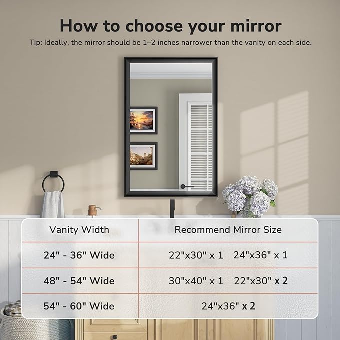 USHOWER 2 Pack Black Bathroom Mirrors for Over Sink 24x36 Inch Each, Metal Framed Rectangle Vanity Mirror for Wall, Bedroom, Living Room, Entryway, Anti-Rust, HD Tempered Glass, Horizontal/Vertical