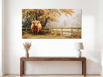 Ardemy Highland Cow Wall Art Mother and Baby Hand-painted Texture Canvas Painting 40"x20" Rustic Farmhouse Decor for Living Room Bedroom Home Office Animal Picture Artwork