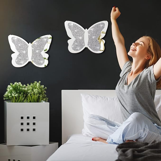 Vesici 2 Pieces Butterfly Shaped Mirror Crystal Crushed Diamond Silver Mirror Silver Wall Decor for Living Room Modern Decorative Artwork for Nursery Wedding Decor(11.8 x 8.8 Inch)