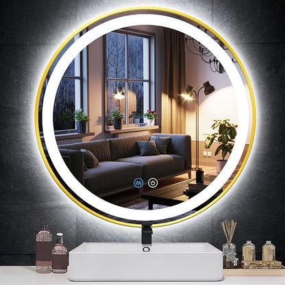 Gold Frame LED Round Mirror with Lights Smart Memory 3 Color Dimmable Anti-Fog 18 Inch Gold Framed Round Lighted Mirrors for Bathroom Wall Makeup Golden Circle Round Vanity Mirror with Light