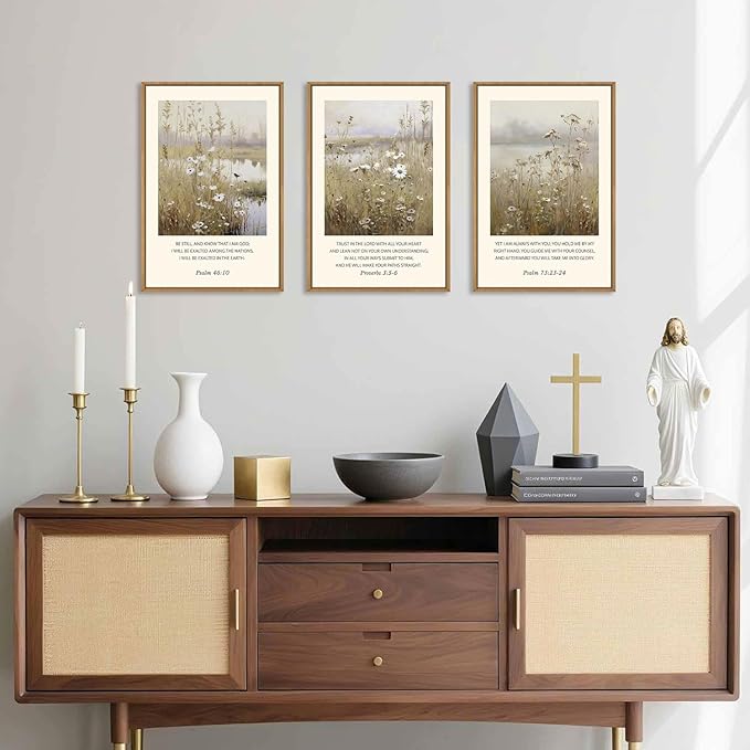 Celestdeco Large Christian Bible Verses Framed Canvas Wall Art,Vintage Scripture Wildflower Wall Decor,Modern Jesus Religious Nature Landscape Artwork for Living Room,Bedroom,Dining Room-16"x24"x3