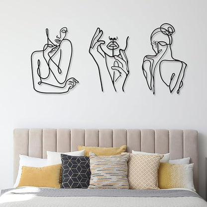 Photect 3 Pcs Metal Wall Art Decor Minimalist Abstract Woman Wall Art Metal Modern Line Drawing Decor Female Single Line Home Hanging for Bedroom Bathroom Living Room Housewarming(Cute,Black)