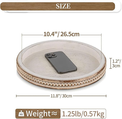 Hanobe Round Wooden Decorative Tray: White Washed Bead Tray Decor for Coffee Table Centerpiece Rustic Farmhouse Tray for Kitchen Counter Living Room Decoration