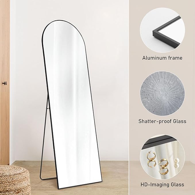 OLIXIS Arched Full Length Mirror for Bedroom, 56"x15" Full Body Mirror with Stand, Hanging or Leaning for Wall, Aluminum Alloy Thin Frame Floor Standing for Living Room, Long, Black