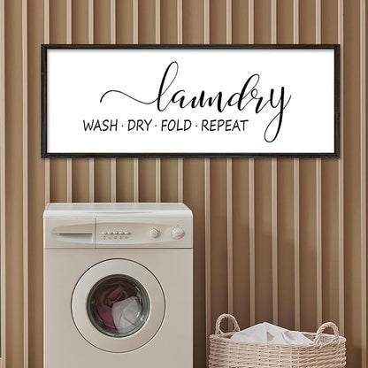 Laundry Room Wall Decor Sign 40"×15" Bathroom Laundry Rules Wash Dry Fold Repeat Large Wood Framed Wall Hanging Art (Black)