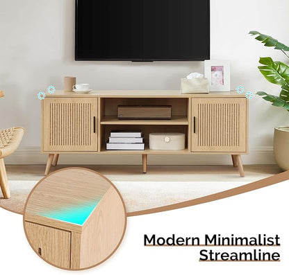 Modern TV Stand for 65 Inch TV, Entertainment Center with 2 Storage Cabinets and Adjustable Shelf, Solid Wood Feet, 4 Cord Holes, Groove Stripe Media TV Console Table for Living Room Bedroom (Natural)