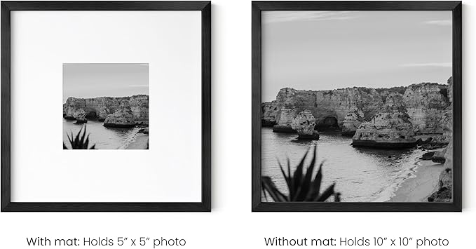 HAUS AND HUES 10x10 Black Metal Picture Frames Matted to 5x5 - Features Premium Aluminum & Hanging Hardware, Shatterproof Plexiglass - Ideal for Home, Room, Office (10x10 in, Black, Set of 4)