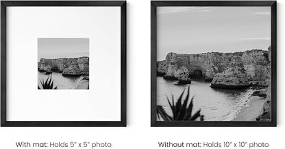 HAUS AND HUES 10x10 Black Metal Picture Frames Matted to 5x5 - Features Premium Aluminum & Hanging Hardware, Shatterproof Plexiglass - Ideal for Home, Room, Office (10x10 in, Black, Set of 6)