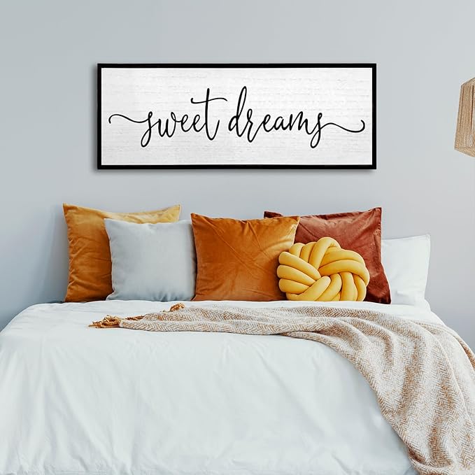 Sweet Dreams Wall Decor Above Bed Sign 32''×12'' Large Wood Framed Master Bedroom Guest Room Sweet Dreams Signs Farmhouse Rustic Wall Art Decoration (Black)
