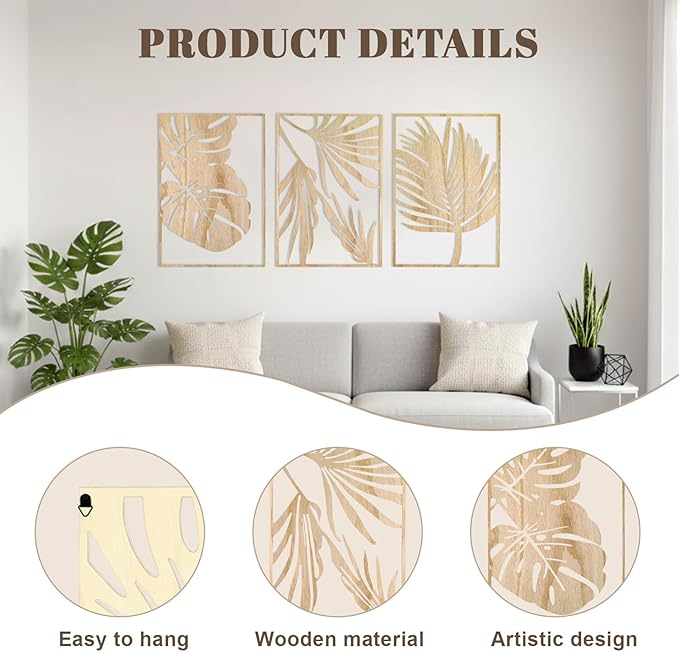 Jinzhenhong 3Pcs Modern Wooden Wall Sculptures, Leaf Sign Vintage Tropical Plant Wall, Wood Rustic Palm Leaf Wall Art Decor for Living Room Bathroom Bedroom Office (Leaf 1 Light Brown)