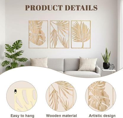 Jinzhenhong 3Pcs Modern Wooden Wall Sculptures, Leaf Sign Vintage Tropical Plant Wall, Wood Rustic Palm Leaf Wall Art Decor for Living Room Bathroom Bedroom Office (Leaf 1 Light Brown)