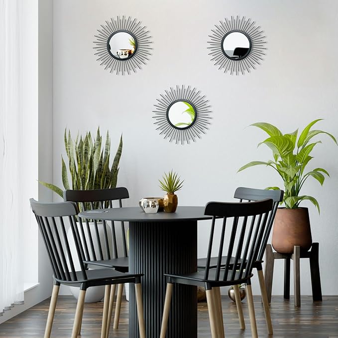 3 Set Sunburst Mirrors for Wall Decor Living Room Bedroom Bathroom Dining Room Metal Boho Sunburst Wall Mirror Set Gold Metal Vintage Circle Art Pack - Black 11.8 in