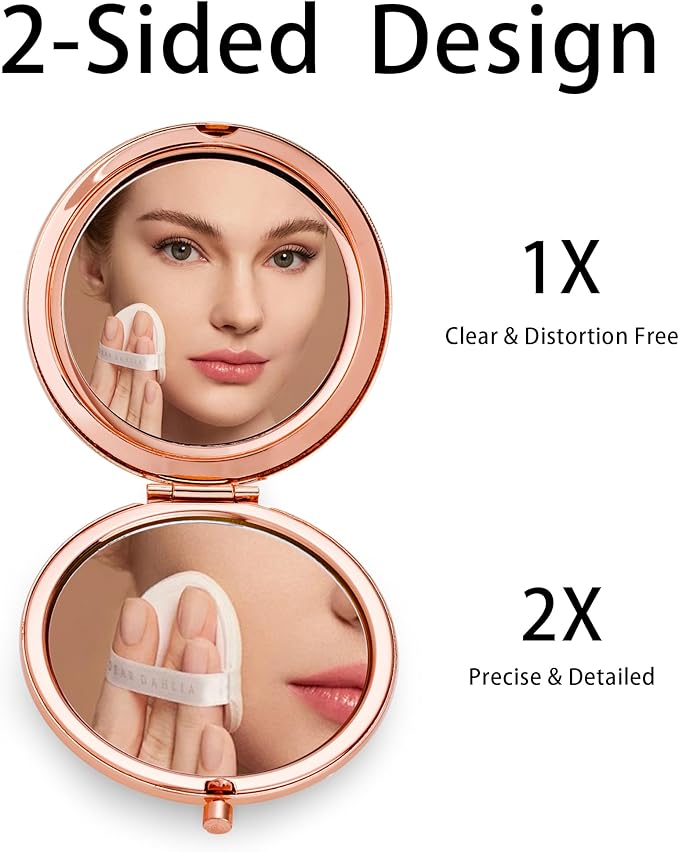 Compact Mirror for Purse, Metal Round Shell, Double-Sided 1X/2X Magnifying, Portable Travel Small Makeup Mirror, Mini Pocket Mirror, Rose Gold, 4 Packs