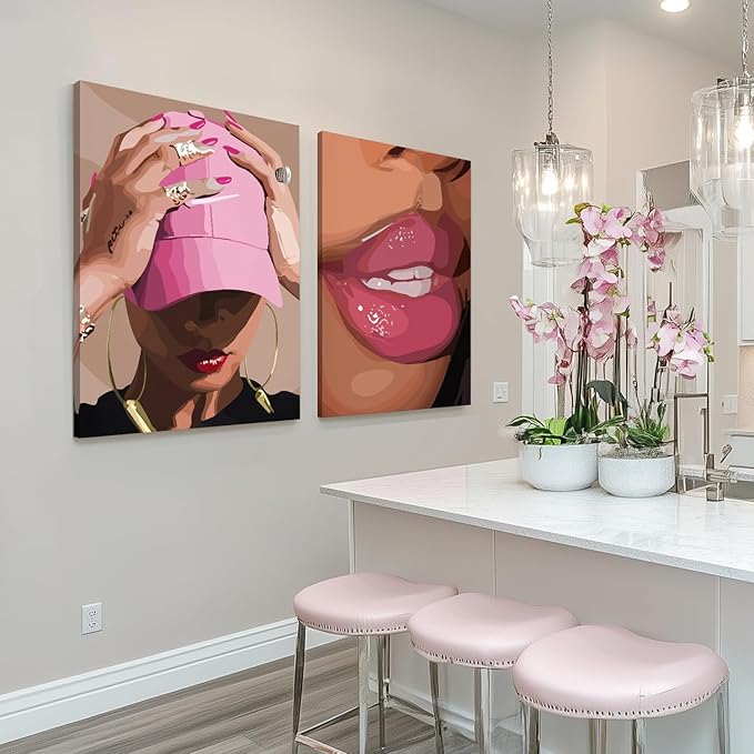 Hianan Fashion Black Girl Canvas Wall Art Modern Trendy African American Black Woman Poster Prints Pink Abstract Black Girl Aesthetic Pictures for Living Room Framed Ready to Hang 16"x24"x3