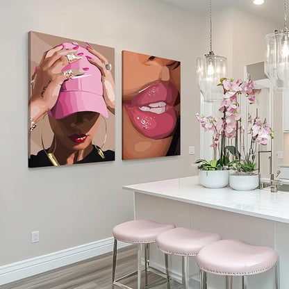 Hianan Fashion Black Girl Canvas Wall Art Modern Trendy African American Black Woman Poster Prints Pink Abstract Black Girl Aesthetic Pictures for Living Room Framed Ready to Hang 16"x24"x3