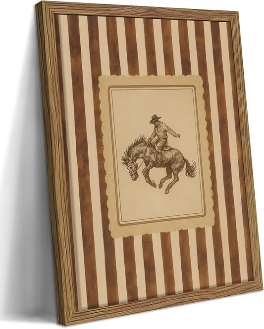 Framed Vintage Western Wall Art, Southwestern Cowboy Horse Canvas Wall Decor Painting, Mid Century Rustic Striped Cowboy Artwork Print Picture for Living Room Bedroom Bathroom 12x16 Inch