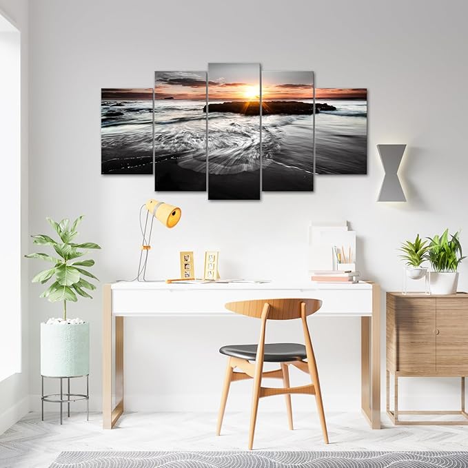SkenoArt 5 Panels Large Ocean Beach Pictures Canvas Wall Art Modern Black and White Gold Sunset Seascape Artwork for Living Room Home Office Wall Decor Ready to Hang