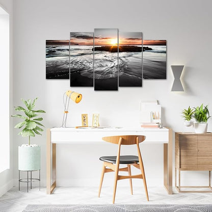 SkenoArt 5 Panels Large Ocean Beach Pictures Canvas Wall Art Modern Black and White Gold Sunset Seascape Artwork for Living Room Home Office Wall Decor Ready to Hang