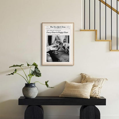 ASTRDECOR Framed Trendy NewsPaper Wall Art - Every Hour is Happy Hour, Retro News Prints Posters, New York Times Canvas Prints for Bar Cart Dorm Living Room Apartment Home Decor 12x16in