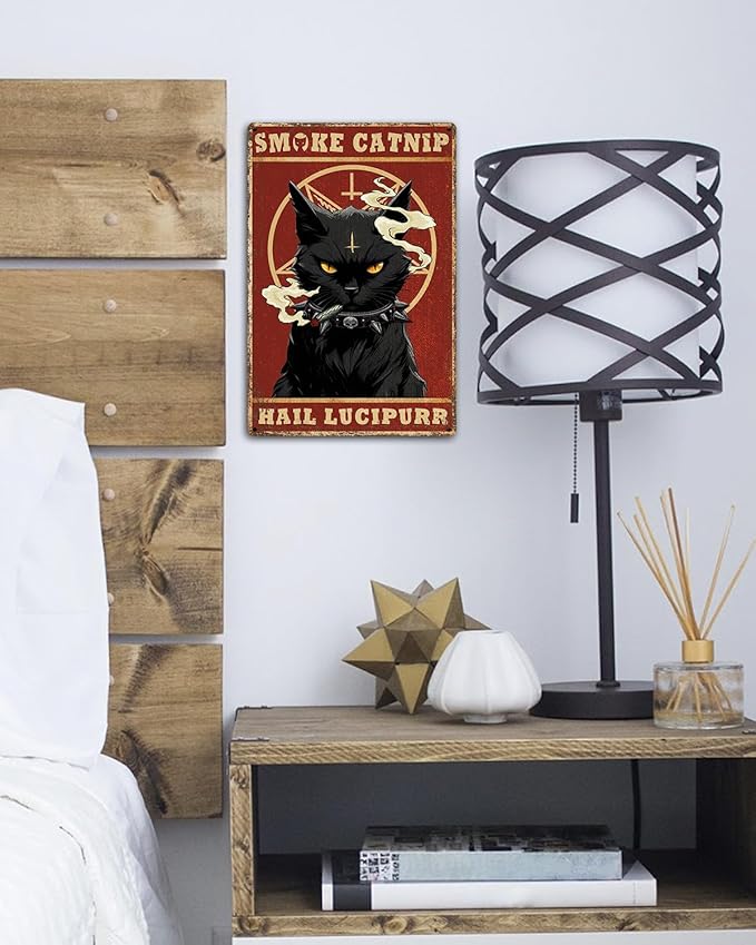 ALKB Funny Black Cat Metal Sign Retro Cat Metal Poster - Black Cat Gifts Bedroom Kitchen Wall Decor 8 x 12 Inch