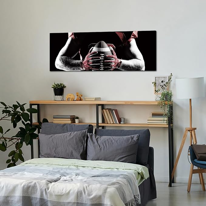KREATIVE ARTS 20x55 American Football Rugby Canvas Wall Art: Black, White & Red Sports Painting Poster, Framed Gym Picture Print for Home Office, Men Cave Decor, Sport Fan Gift