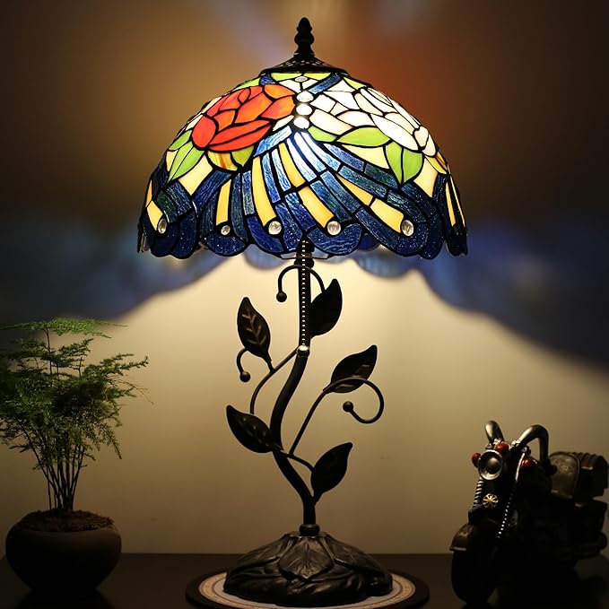 Tiffany Lamp Stained Glass Style Table Lamp Rose Style Bedside Desk Reading Light W12H19 Inch Metal Leaf Base with Metal Leaf Base