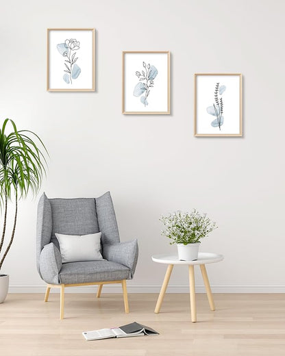 HesenDot Framed Blue Floral Canvas Wall Art,Minimalist Botanical Wall Art Decor,12x16IN Wood High Framed Prints,Boho Flowers Artworks Prints Posters for Living Room,Kitchen,Bedroom Set of 3