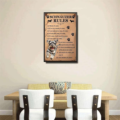 Metal Sign Tin Sign Vintage Wall Art Schnauzer Rules Bar Signs for Home Decor for Restaurant 6×8 Inches with Metal Frame