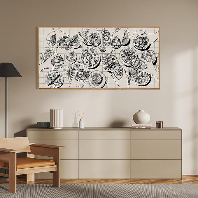 Sketch Food and Drink Framed Canvas Wall Art Set,Retro Pizza Cheers Friends Party Wall Decor,Black and White Overhead View of Gathering Artwork for Kitchen Dining Room Restaurant Decor-20" x40"