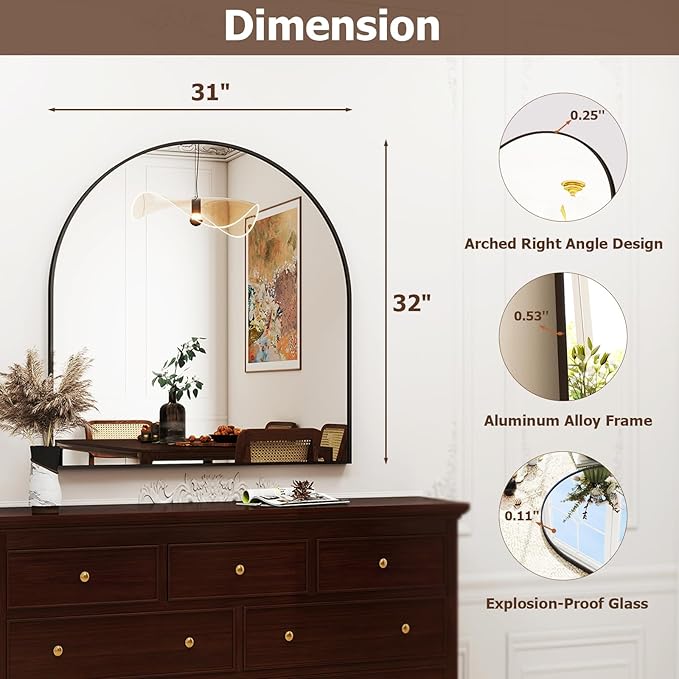XRAMFY 31"x32" Arched Wall Mirror for Bathroom, Black Vanity Mirror for Bedroom, Living Room, Entryway, Decorative Hanging Mirror for Wall