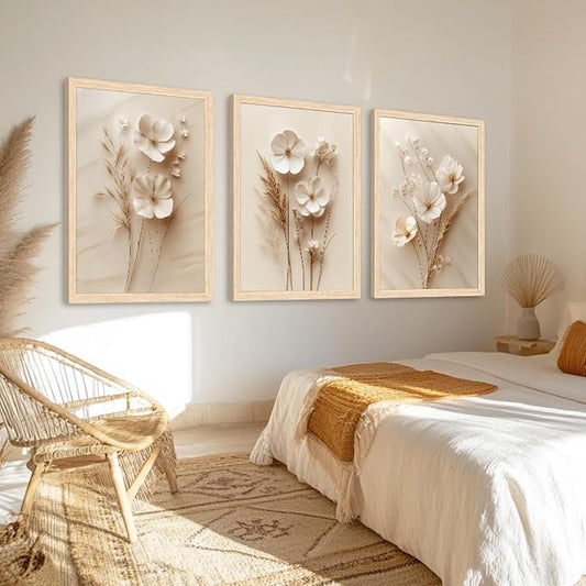 GELDSTEI Neutral Simple Beige Floral Canvas Wall Art, Modern Minimalist Botanical Wall Decor, Vintage Beige Flower Poster Prints for Living Room Bedroom Farmhouse Wood Framed Set of 3, Each 12x16 Inch